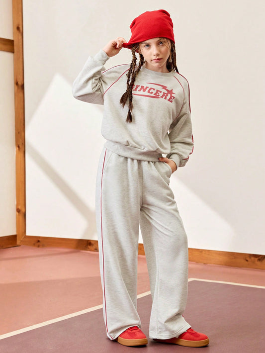 Girl 2pcs Outfit Set: Loose Fit Crew Neck Long Sleeve Graphic Print