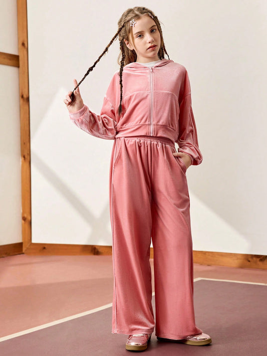 Tween Girl 2pcs Outfit Set: Long Sleeve Velvet Hoodie Jacket Paired With Loose Straight Leg Pant