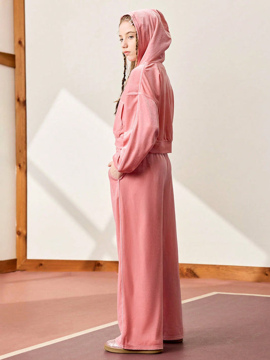 Tween Girl 2pcs Outfit Set: Long Sleeve Velvet Hoodie Jacket Paired With Loose Straight Leg Pant
