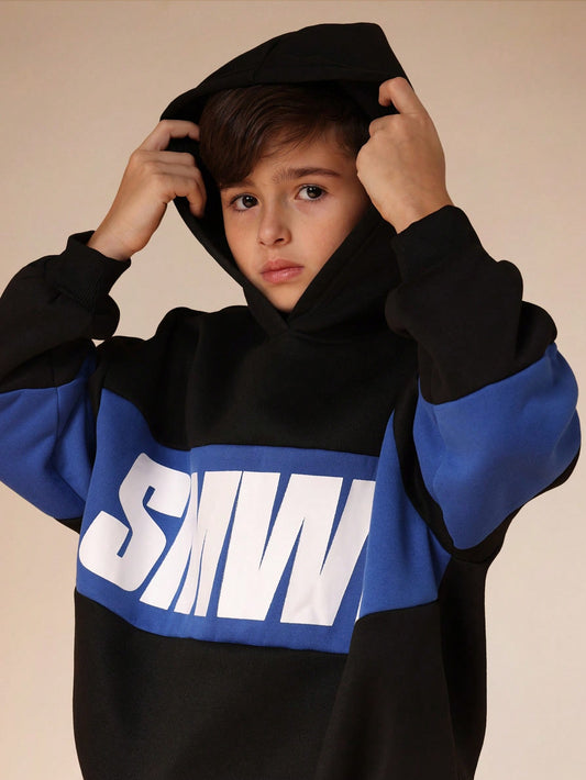 Boys Oversized Pullover Hoodie With Color Block Design And Brand