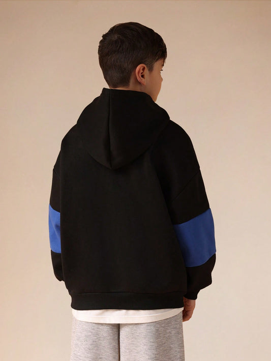 Boys Oversized Pullover Hoodie With Color Block Design And Brand