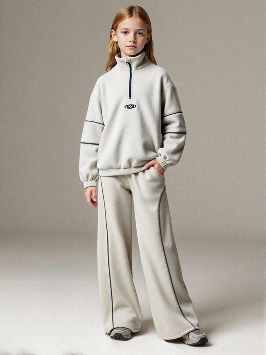Tween Girls Stand Collar Loose Funny Letter Embroidered Long Sleeve Fleece Sweatshirt And Relaxed Fit Pants 2 Pieces Set