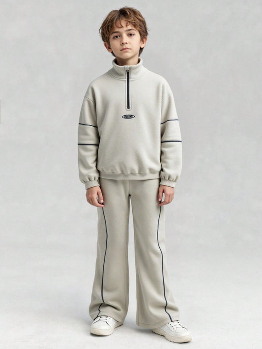 Tween Boys Stand Collar Loose Funny Letter Embroidered Long Sleeve Fleece Sweatshirt And Relaxed Fit Pants 2 Pieces Set