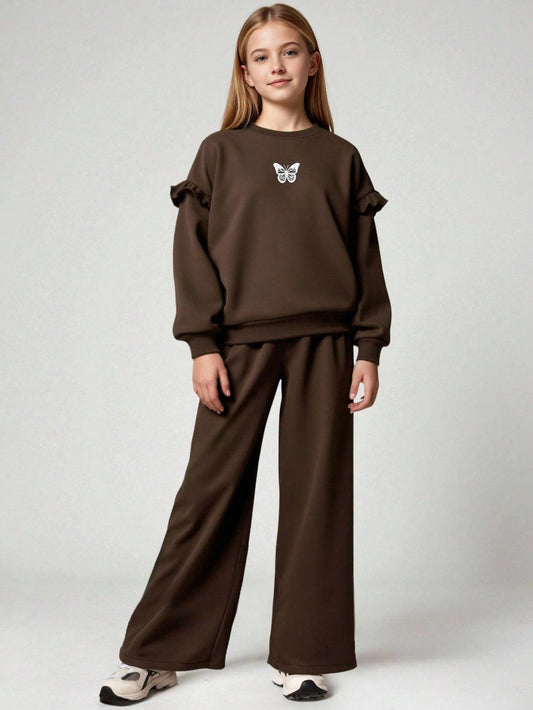 Tween Girl 2pcs Outfit Set, Butterfly Print Fleece Sweatshirt