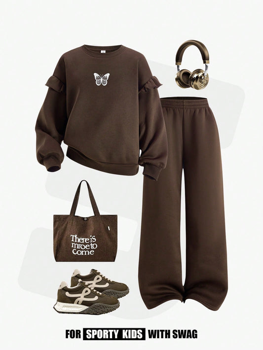 Tween Girl 2pcs Outfit Set, Butterfly Print Fleece Sweatshirt
