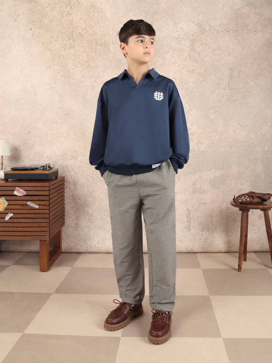 Long Sleeve Navy Polo Shirt With Grey Check Pattern Trousers Co-Ord Set Classic Collar