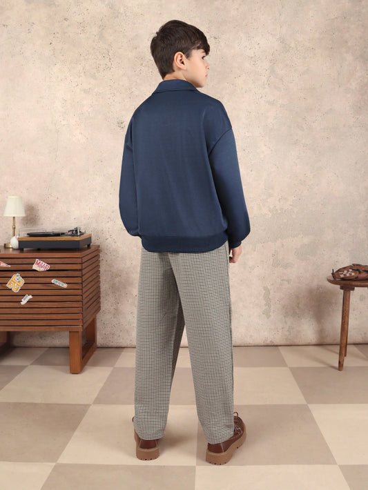 Long Sleeve Navy Polo Shirt With Grey Check Pattern Trousers Co-Ord Set Classic Collar