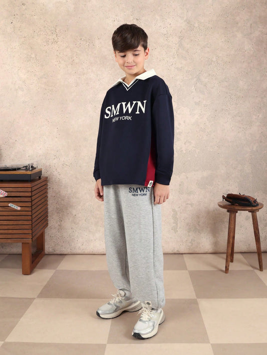 Long Sleeve Navy Polo Shirt With Grey Check Pattern Trousers Co-Ord Set Classic Collar (Copy)