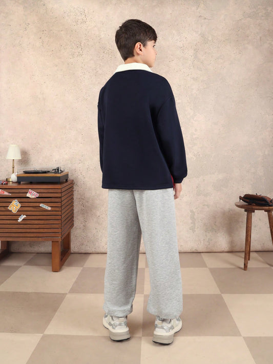 Long Sleeve Navy Polo Shirt With Grey Check Pattern Trousers Co-Ord Set Classic Collar (Copy)