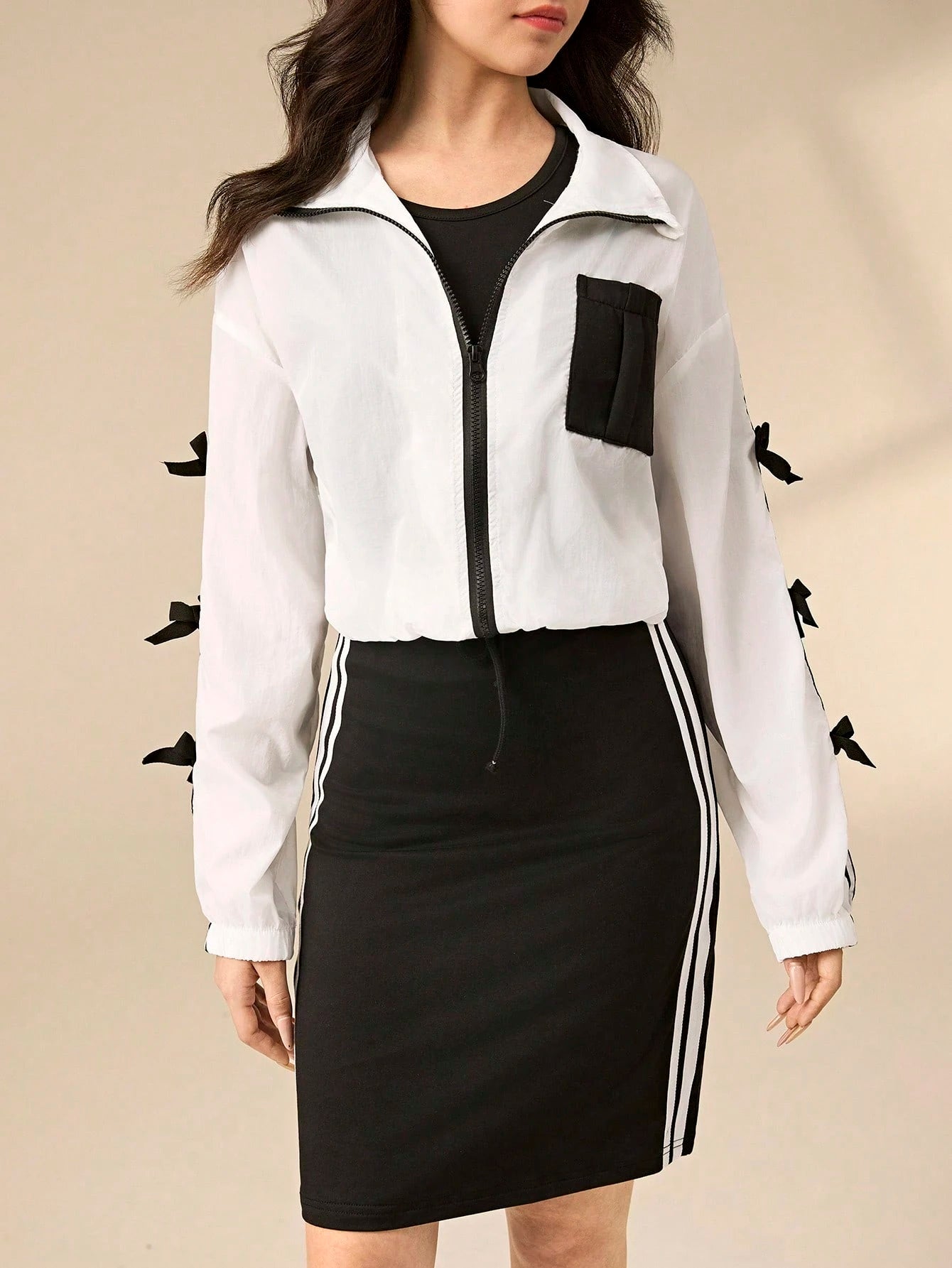 Casual Cool Style Cropped Bomber Jacket With Contrast Pockets & Ribbon Cuffs, Tight Fit Contrast Ribbon Tank Dress