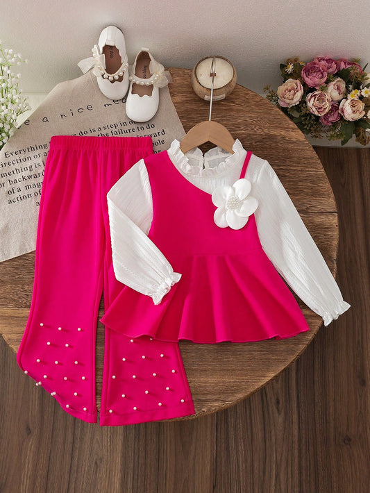 Long Sleeve Ruffle Tie Collar Floral Applique Top And Solid Color Elastic Waist Beaded Bell-Bottom Pants Set
