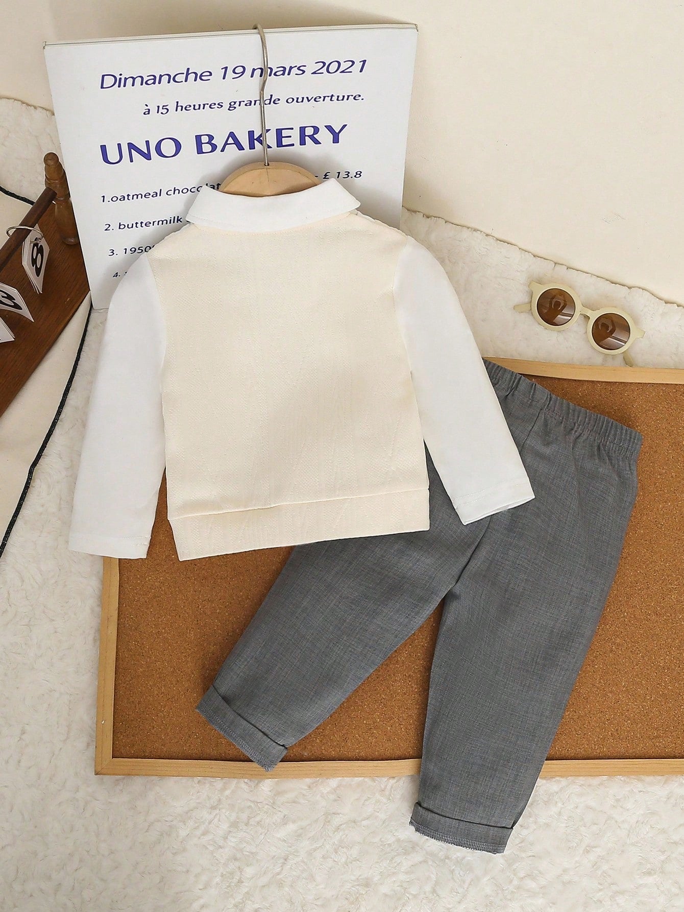Colorblock Knit Long Sleeve Polo Shirt With Bowknot + Casual Solid Color Elastic Waist Pants Set