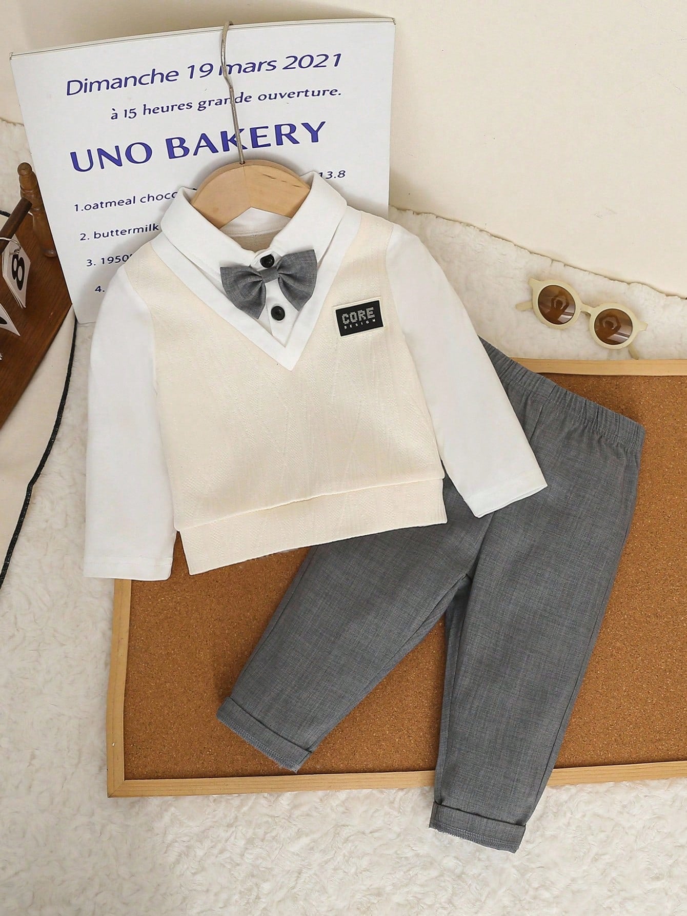 Colorblock Knit Long Sleeve Polo Shirt With Bowknot + Casual Solid Color Elastic Waist Pants Set Grey