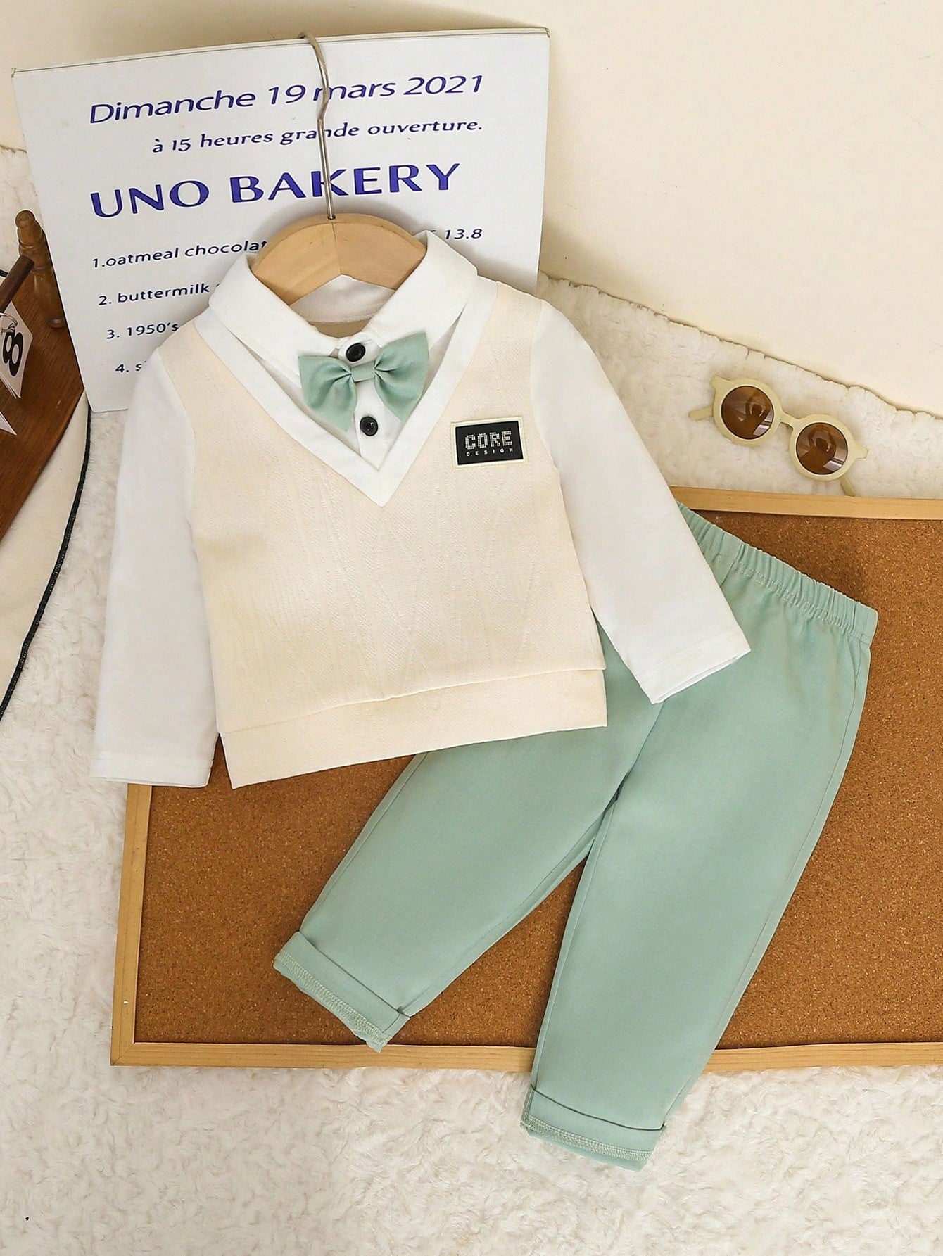 Colorblock Knit Long Sleeve Polo Shirt With Bowknot + Casual Solid Color Elastic Waist Pants Set Green
