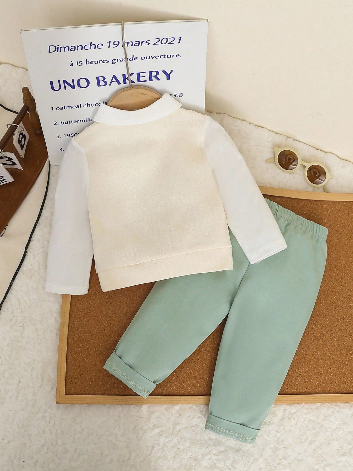 Colorblock Knit Long Sleeve Polo Shirt With Bowknot + Casual Solid Color Elastic Waist Pants Set