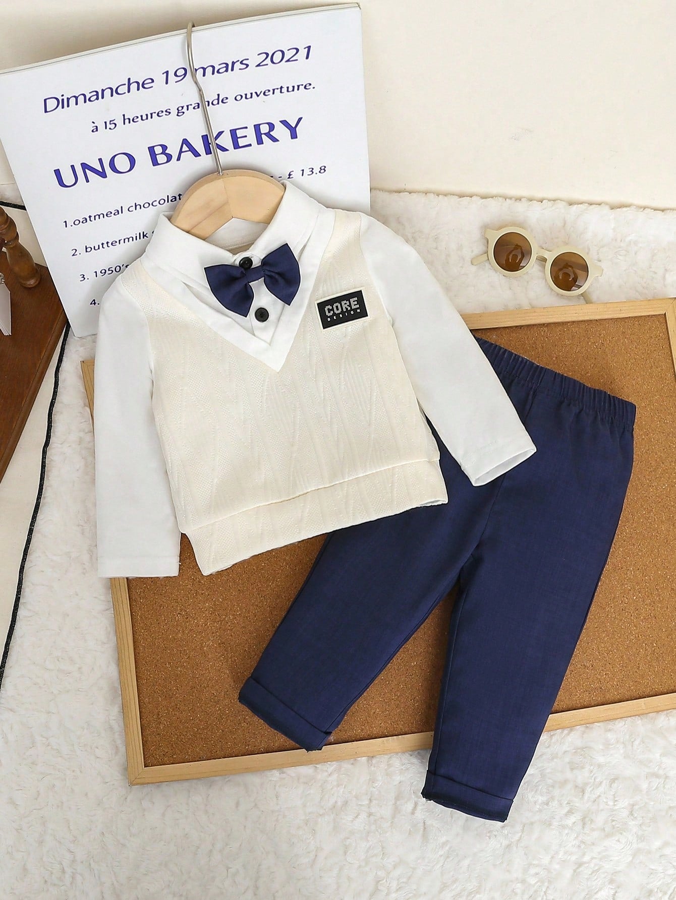 Baby Boy Cute Preppy Gentleman Style 2 In 1 Colorblock Knit Long Sleeve Polo Shirt With Bowknot + Casual Solid Color Elastic Waist Pants