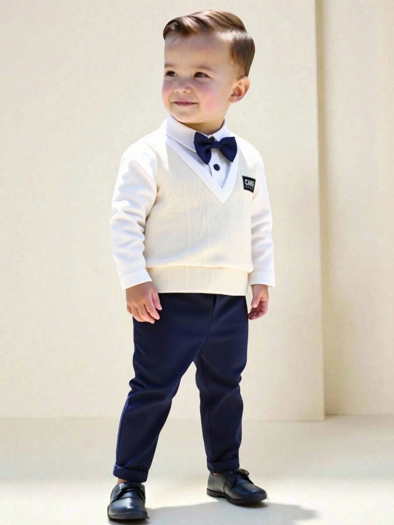 Baby Boy Cute Preppy Gentleman Style 2 In 1 Colorblock Knit Long Sleeve Polo Shirt With Bowknot + Casual Solid Color Elastic Waist Pants Multicolor