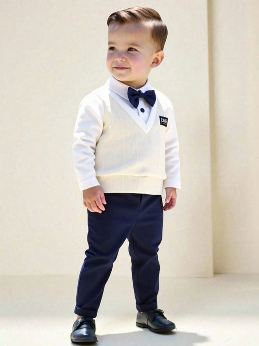 Baby Boy Cute Preppy Gentleman Style 2 In 1 Colorblock Knit Long Sleeve Polo Shirt With Bowknot + Casual Solid Color Elastic Waist Pants Multicolor