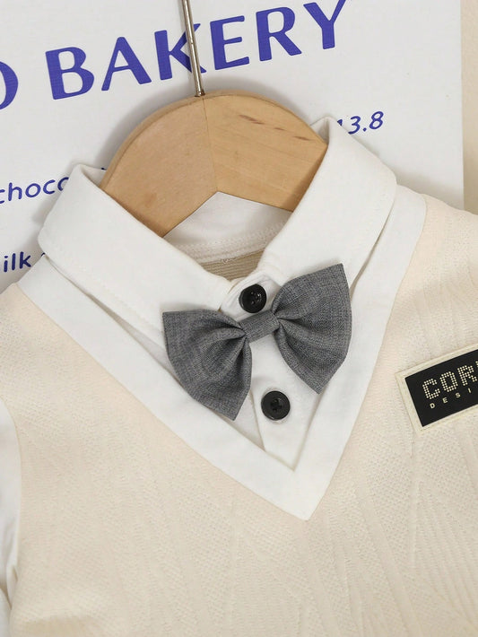 Long Sleeve Polo Shirt With Bowknot + Casual Solid Color Elastic Waist Pants Set