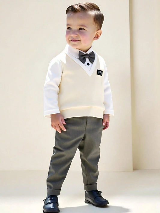 Long Sleeve Polo Shirt With Bowknot + Casual Solid Color Elastic Waist Pants Set 18-24M