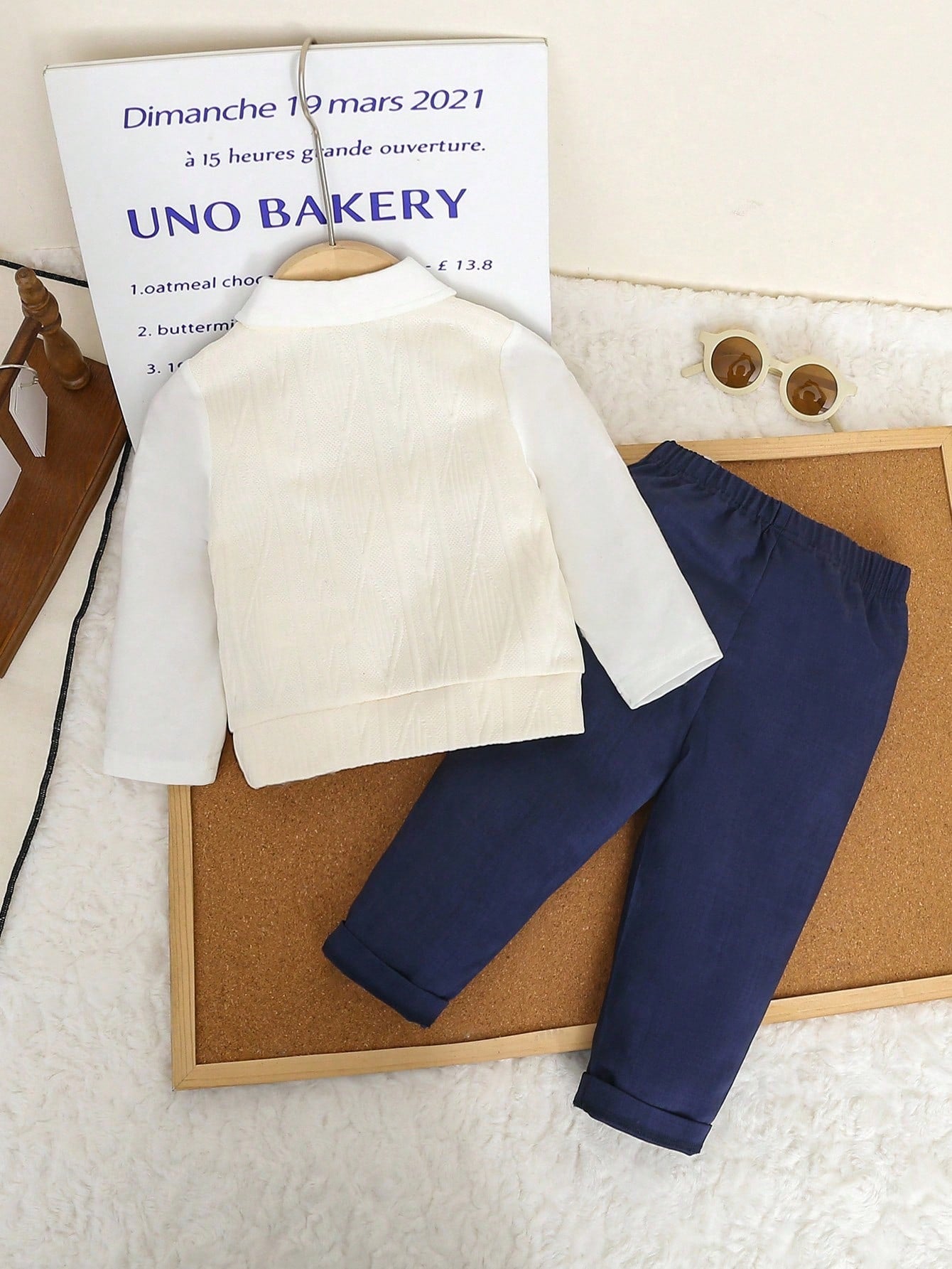 Colorblock Knit Long Sleeve Polo Shirt With Bowknot + Casual Solid Color Elastic Waist Pants Set