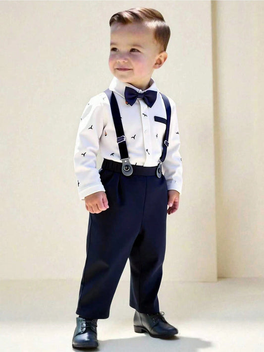 Coconut Tree & Boat Print Collar White Long Sleeve Shirt With Bow Tie, And Elastic Waist Casual Suspender Pants