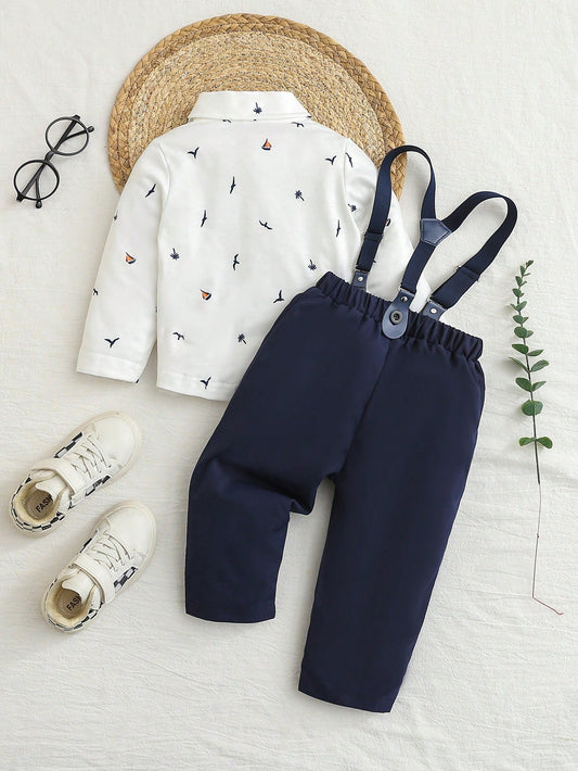 Coconut Tree & Boat Print Collar White Long Sleeve Shirt With Bow Tie, And Elastic Waist Casual Suspender Pants