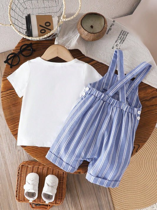 Short Sleeve Knit T-Shirt & Light Blue Striped Overalls With Pockets