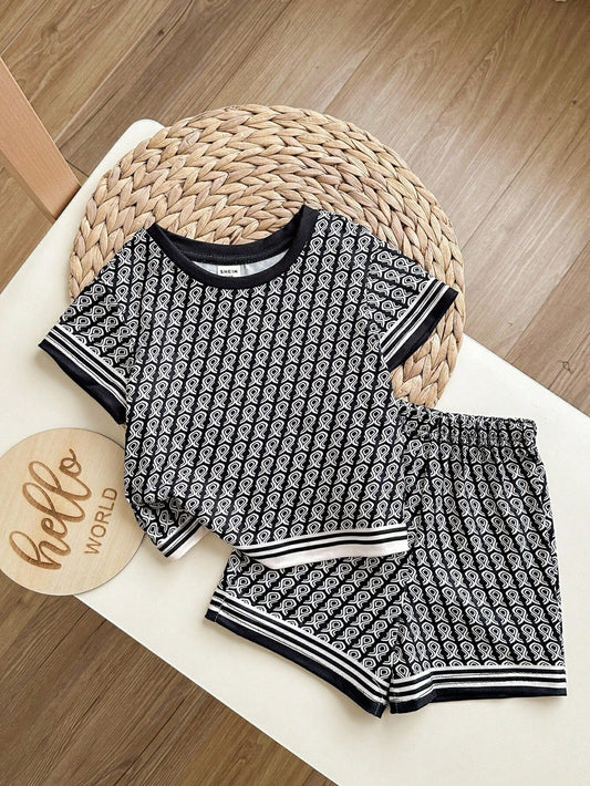 Boys/Girls Print Block Short Sleeve T-Shirt And Elastic Waist Shorts Set