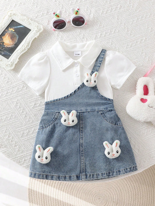 2pcs Baby Girl Puff Sleeve Polo Top And 3D Rabbit Denim Skirt Outfit