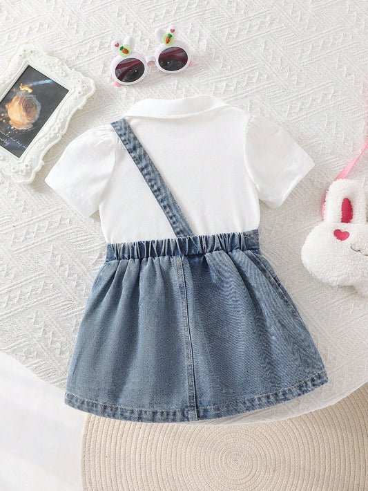 2pcs Baby Girl Puff Sleeve Polo Top And 3D Rabbit Denim Skirt Outfit