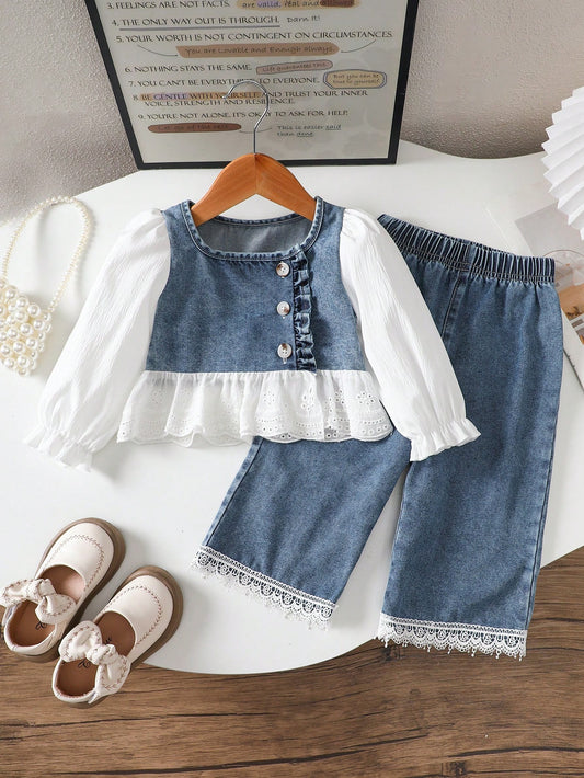 Baby Girls Casual Denim Patchwork Round Neck Shirt & Jeans Pants Set