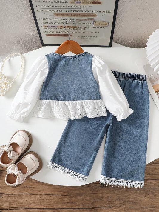 Baby Girls Casual Denim Patchwork Round Neck Shirt & Jeans Pants Set