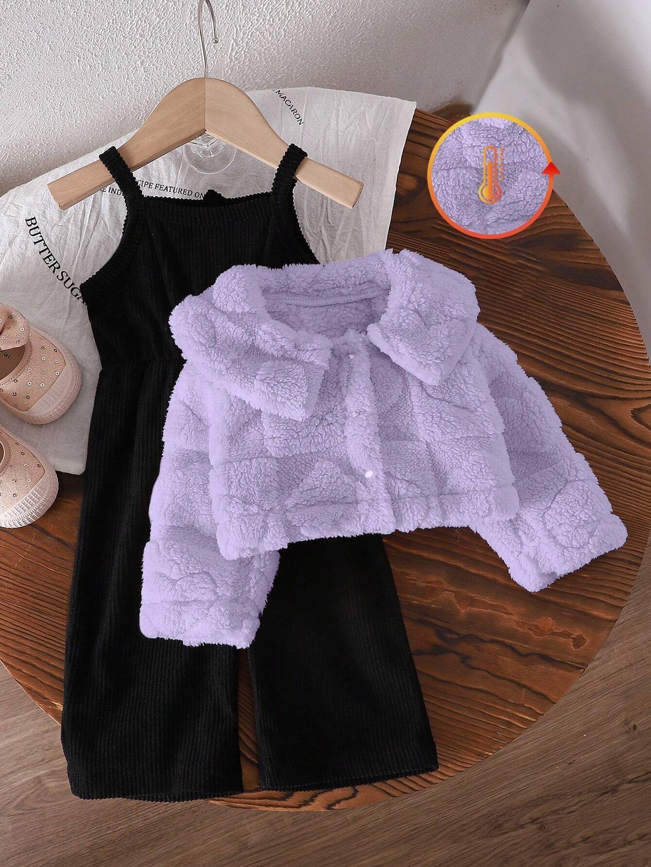 Casual Thicken Fleece Plaid Jacquard Jumpsuit Set Purple