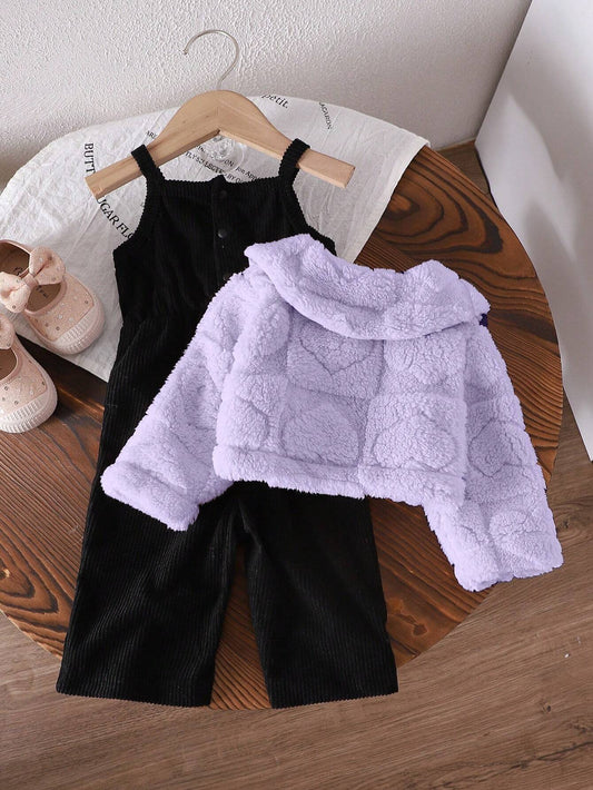 2pcs Baby Girls Casual Thicken Fleece Plaid Jacquard Hooded Jumpsuit Set