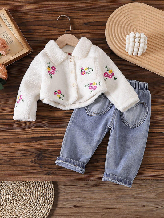 2pcs Baby Girls Fashion Casual Embroidered Fleece Jacket + Stylish Denim Long Pants White