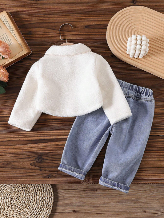 2pcs Baby Girls Fashion Casual Embroidered Fleece Jacket + Stylish Denim Long Pants