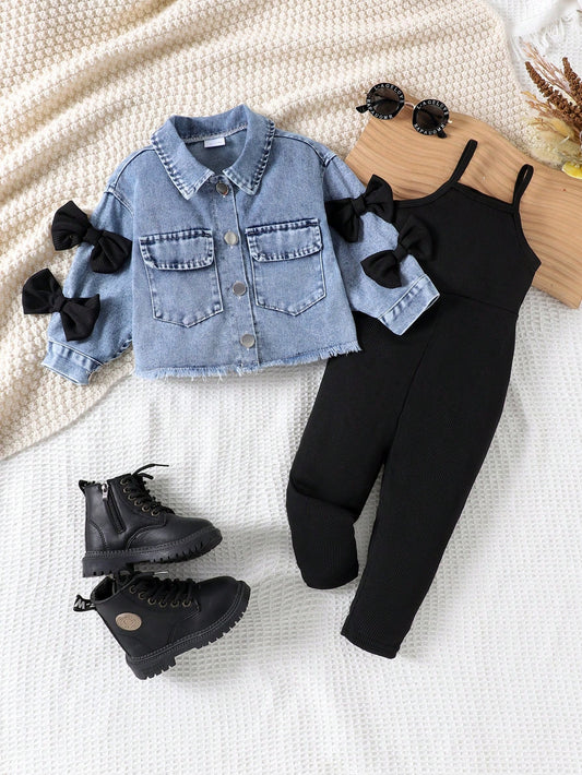 Baby Girls Vintage Street Style Bow Pocket Denim Long Sleeve Jacket And Bib Pants Set
