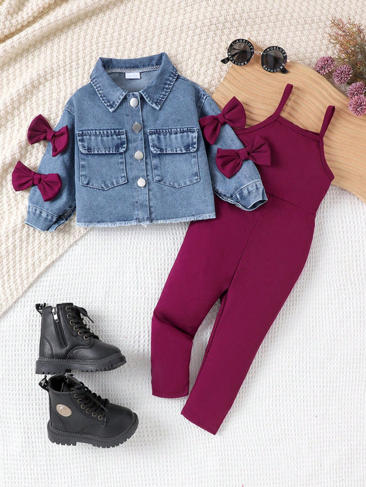 Mummy & Mee 2pcs Baby Girls Vintage Street Style Bow Pocket Denim Long Sleeve Jacket And Bib Pants Set 6-9M