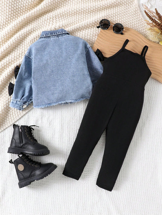 Baby Girls Bow Pocket Denim Long Sleeve Jacket And Bib Pants Set