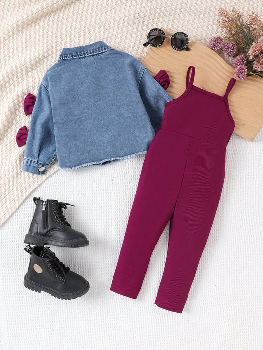 Mummy & Mee 2pcs Baby Girls Vintage Street Style Bow Pocket Denim Long Sleeve Jacket And Bib Pants Set