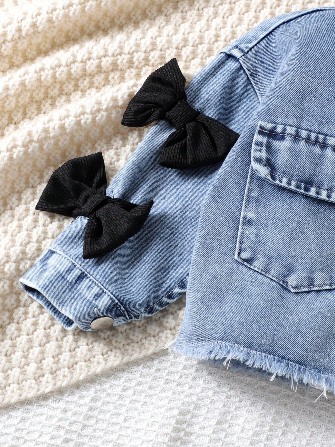 Baby Girls Bow Pocket Denim Long Sleeve Jacket And Bib Pants Set