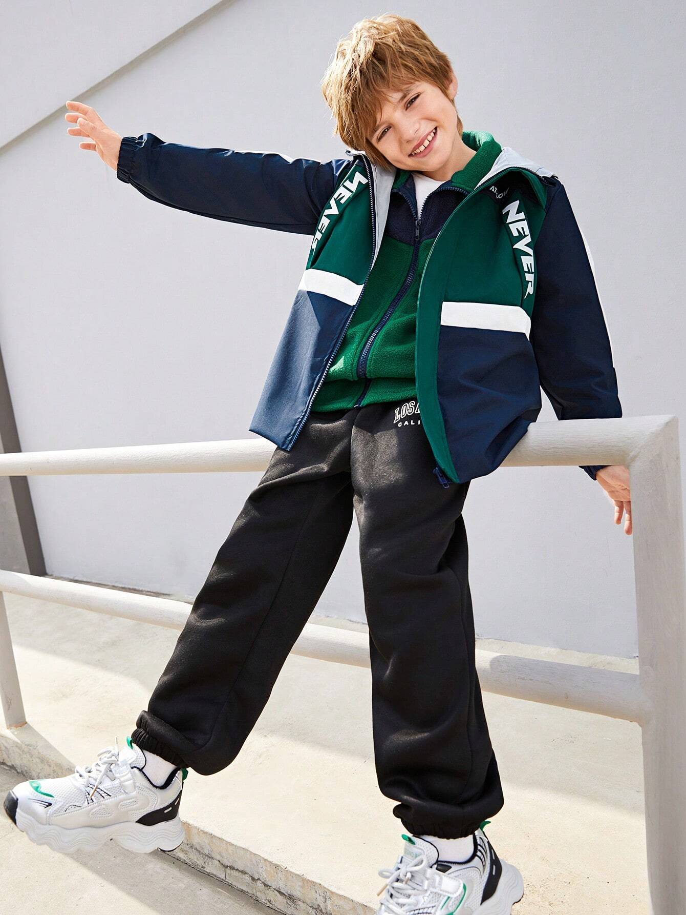 2pcs Boys' Set: Jacket + Vest Combination, Multi-Color Patchwork