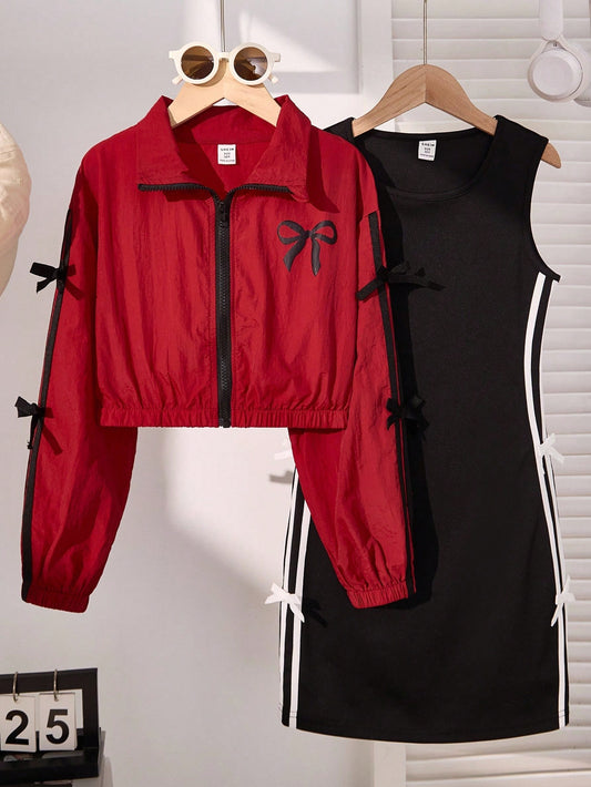 Young Girls Long Sleeve Zip-Up Jacket Bow Decor And Bowknot Decor Slip Dress Set Burgundy
