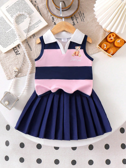 2pcs Girls' Polo Collar Letter & Bear Print Sleeveless Top And Pleated Skirt Set