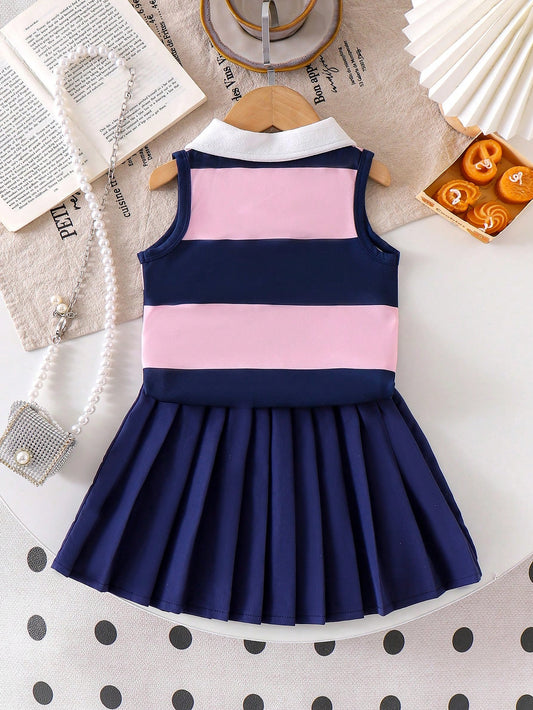 2pcs Girls' Polo Collar Letter & Bear Print Sleeveless Top And Pleated Skirt Set