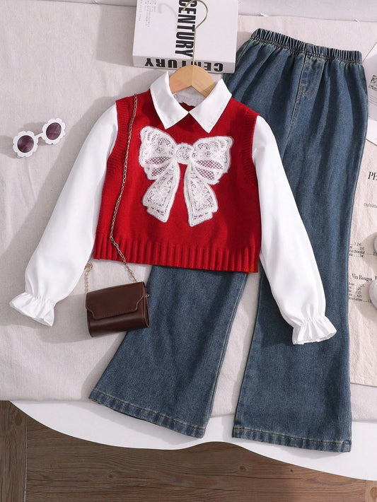 2pcs Girls Sweater Vest 2 In 1 Set And Loose Fit Denim Pants Red