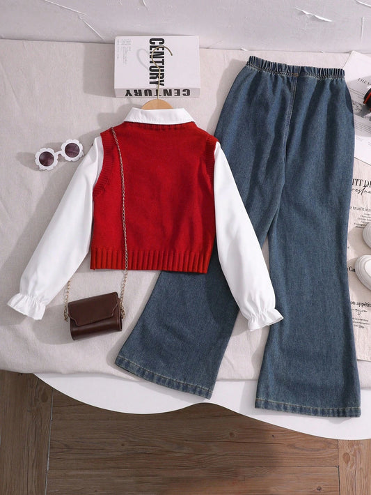2pcs Girls Sweater Vest 2 In 1 Set And Loose Fit Denim Pants
