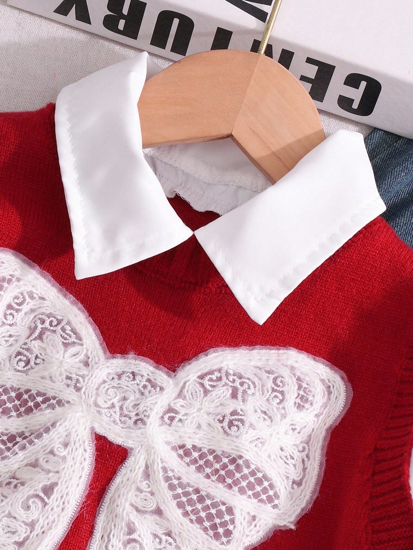 2pcs Girls Sweater Vest 2 In 1 Set And Loose Fit Denim Pants