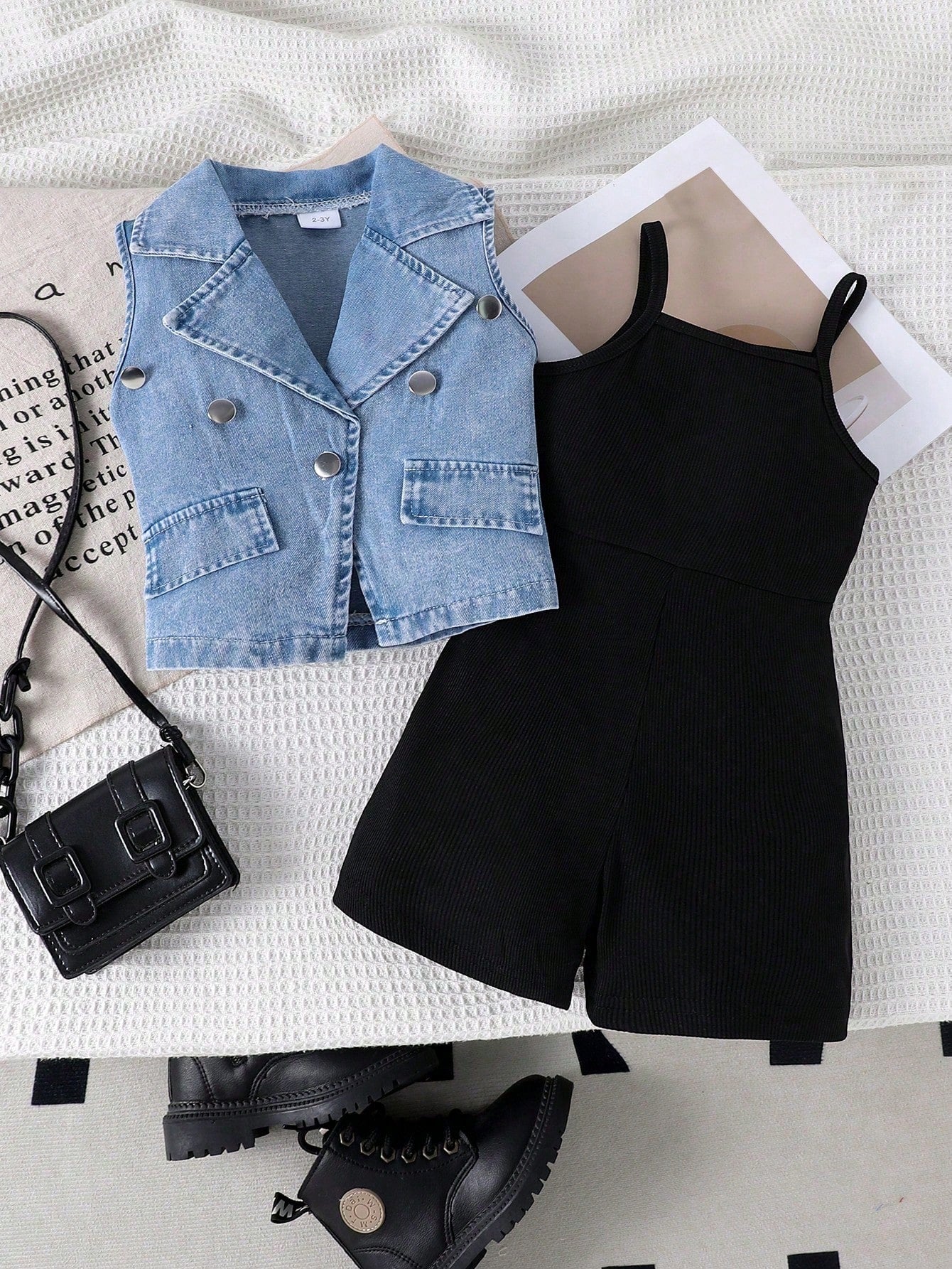 2pcs Girls Vintage Denim Vest & Suspender Jumpsuit Set